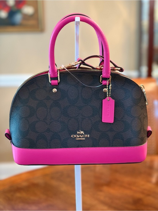 Coach Handbags - Coach Brown Signature Mini Sierra Dome Satchel with Fuscia Trim